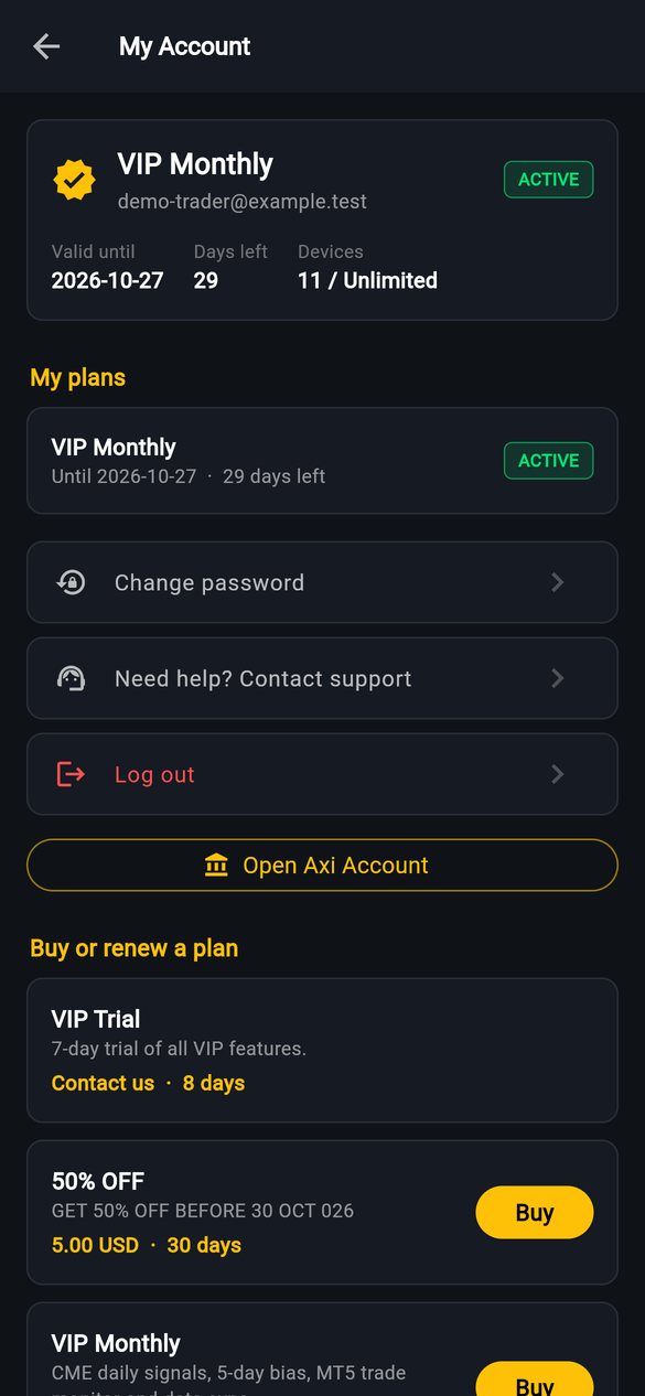 Account and plans screen