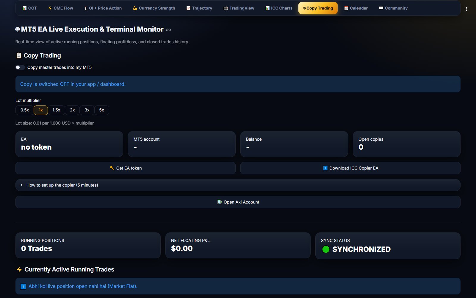 Copy Trading tab in the ICC Terminal web terminal with the copy switch, multiplier and EA status